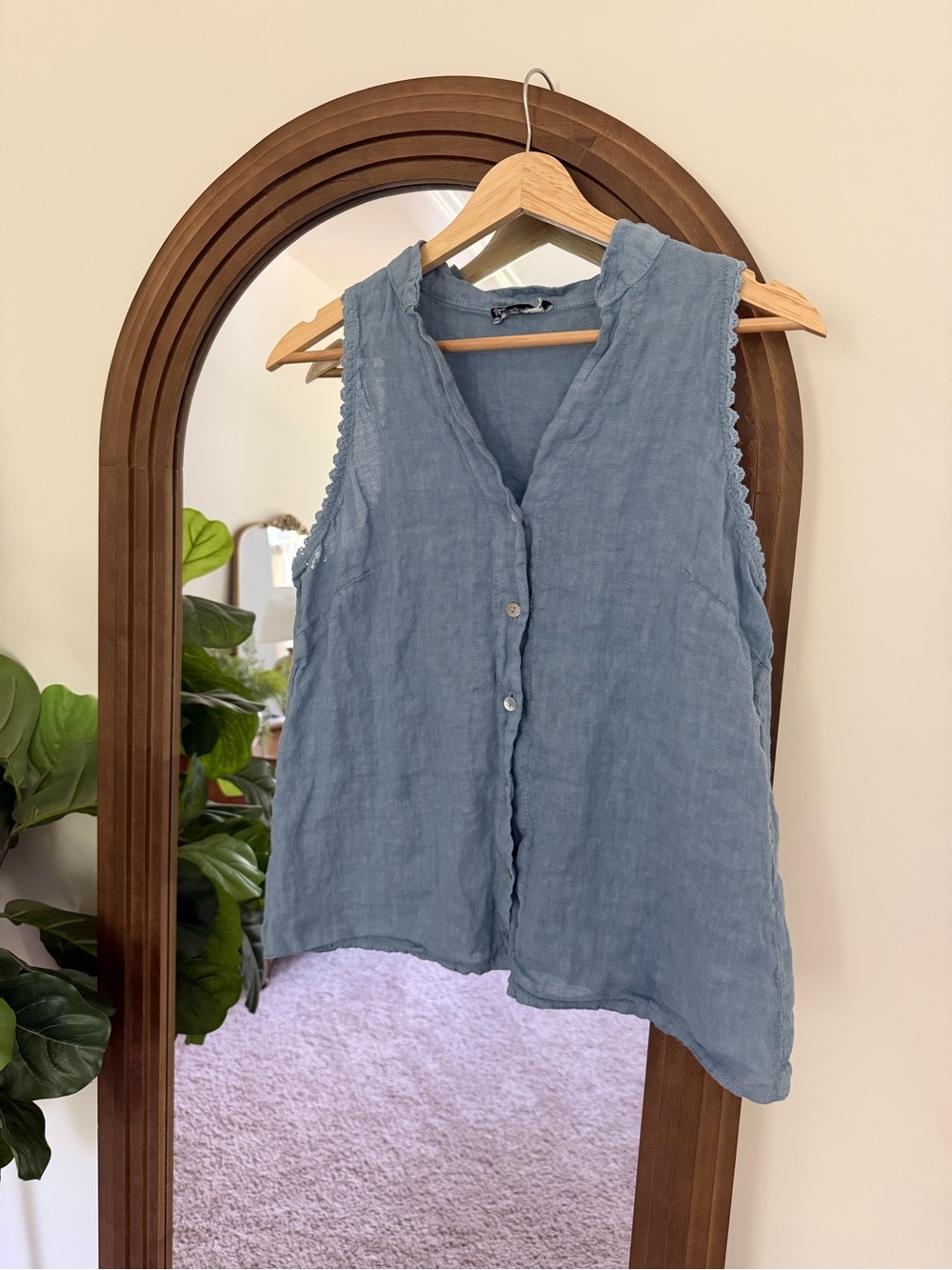 Sleeveless Blue Button-Front Linen Top